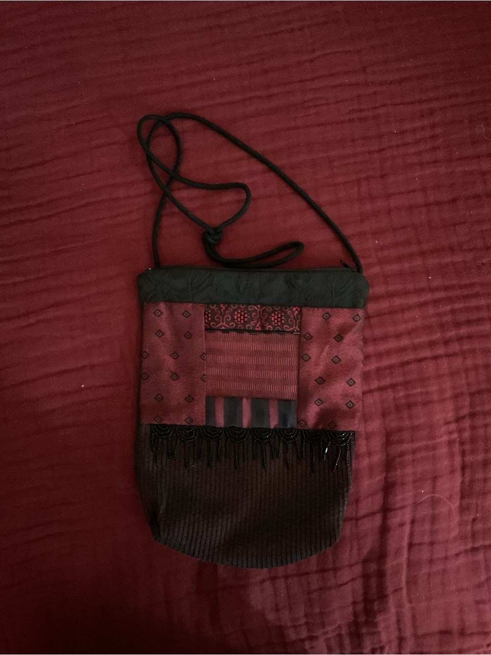 Beaded Red and Black Patchwork Crossbody Bag